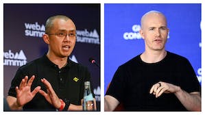 Binance CEO Changpeng Zhao and Coinbase CEO Brian Armstrong. Photos by Getty