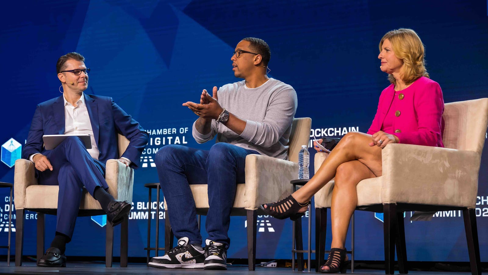 An interview with NBA player Channing Frye (center) and Alison Kutler, former Dapper Labs senior vice president of global government affairs (right). Photo via Dapper Labs/Chamber of Digital Commerce.