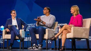 An interview with NBA player Channing Frye (center) and Alison Kutler, former Dapper Labs senior vice president of global government affairs (right). Photo via Dapper Labs/Chamber of Digital Commerce.